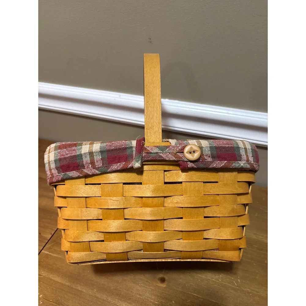 Handwoven Wood Splint Basket with Red Plaid Liner and Plastic Protector Honey